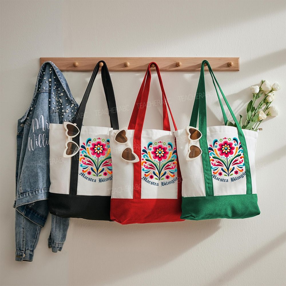 Maestra Bilingüe Graphics Flowers   Color-blocked Canvas Bag
