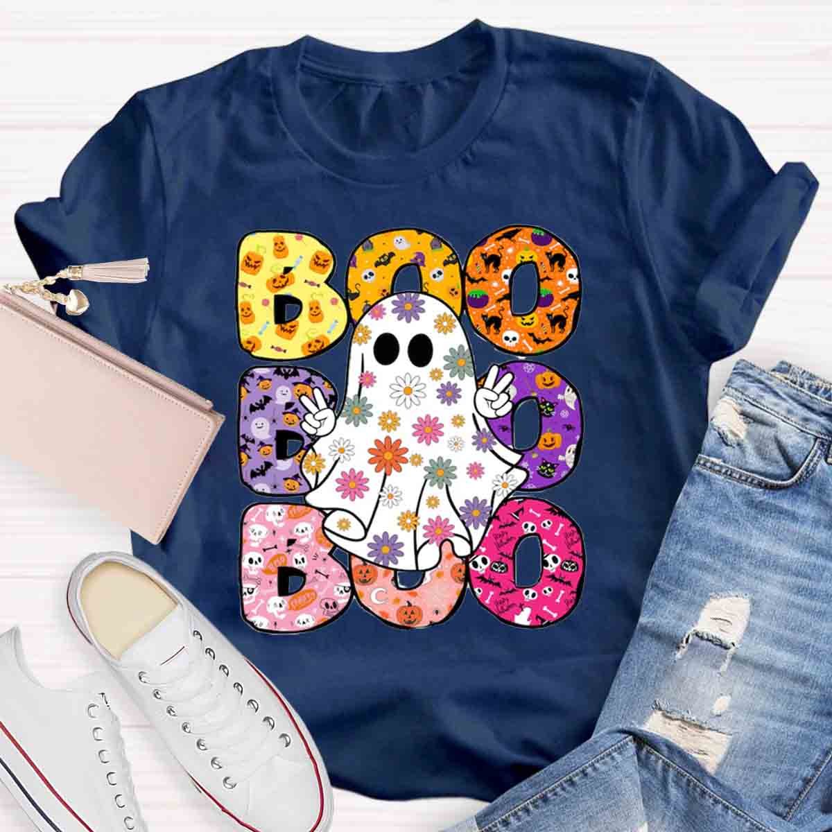 BOO Floral Ghost Print Halloween T-Shirt