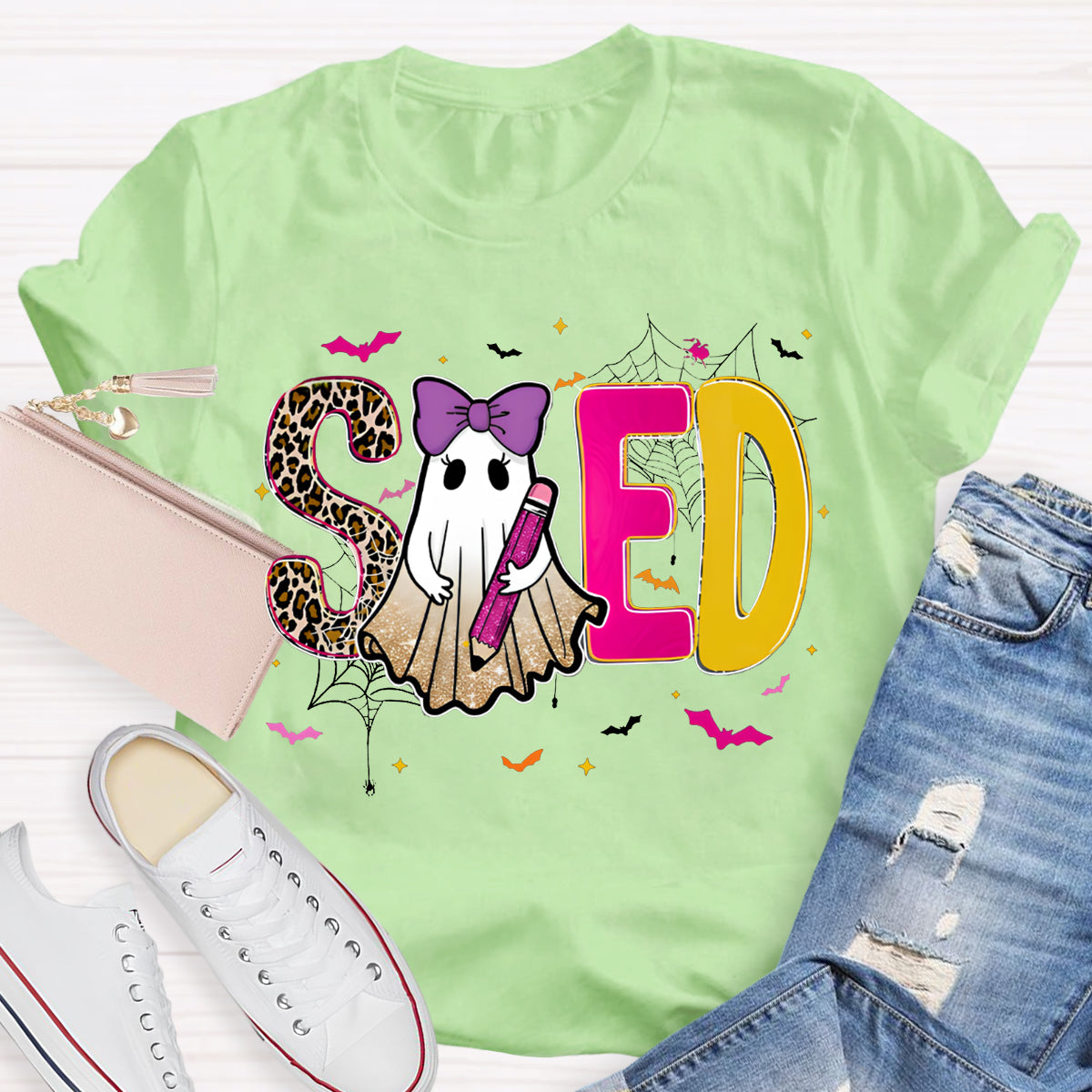 Sped Special Education Leopard Print Font And Ghosts Halloween T-shirt