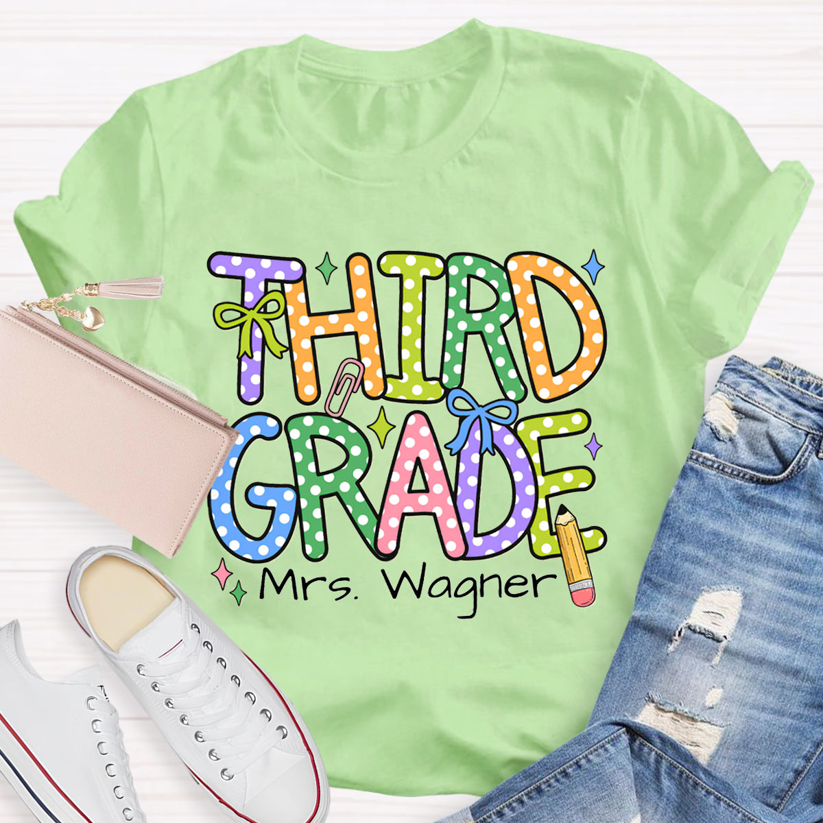 Personalized Name And Grade Colorful Polka Dot Letter Print T-shirt
