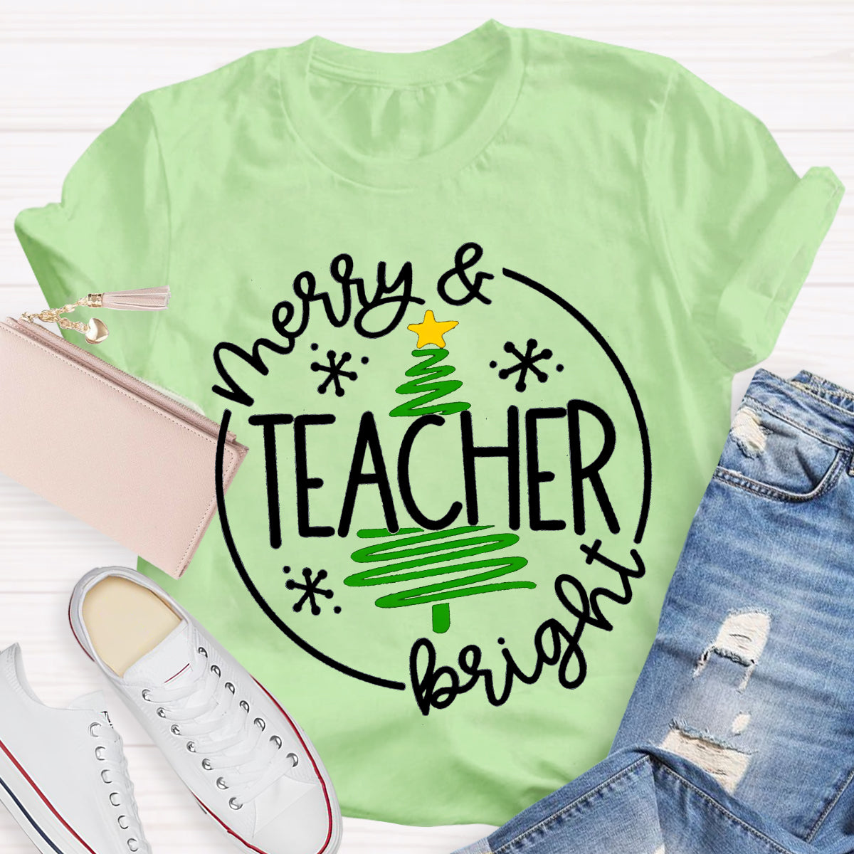 Merry And Teacher Bright Christmas Tree T-shirt