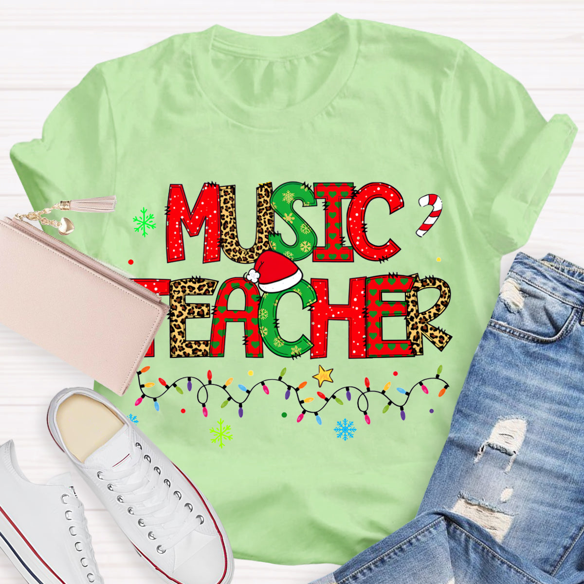 Music Teacher Christmas Lights And Colorful Fonts Christmas T-shirt
