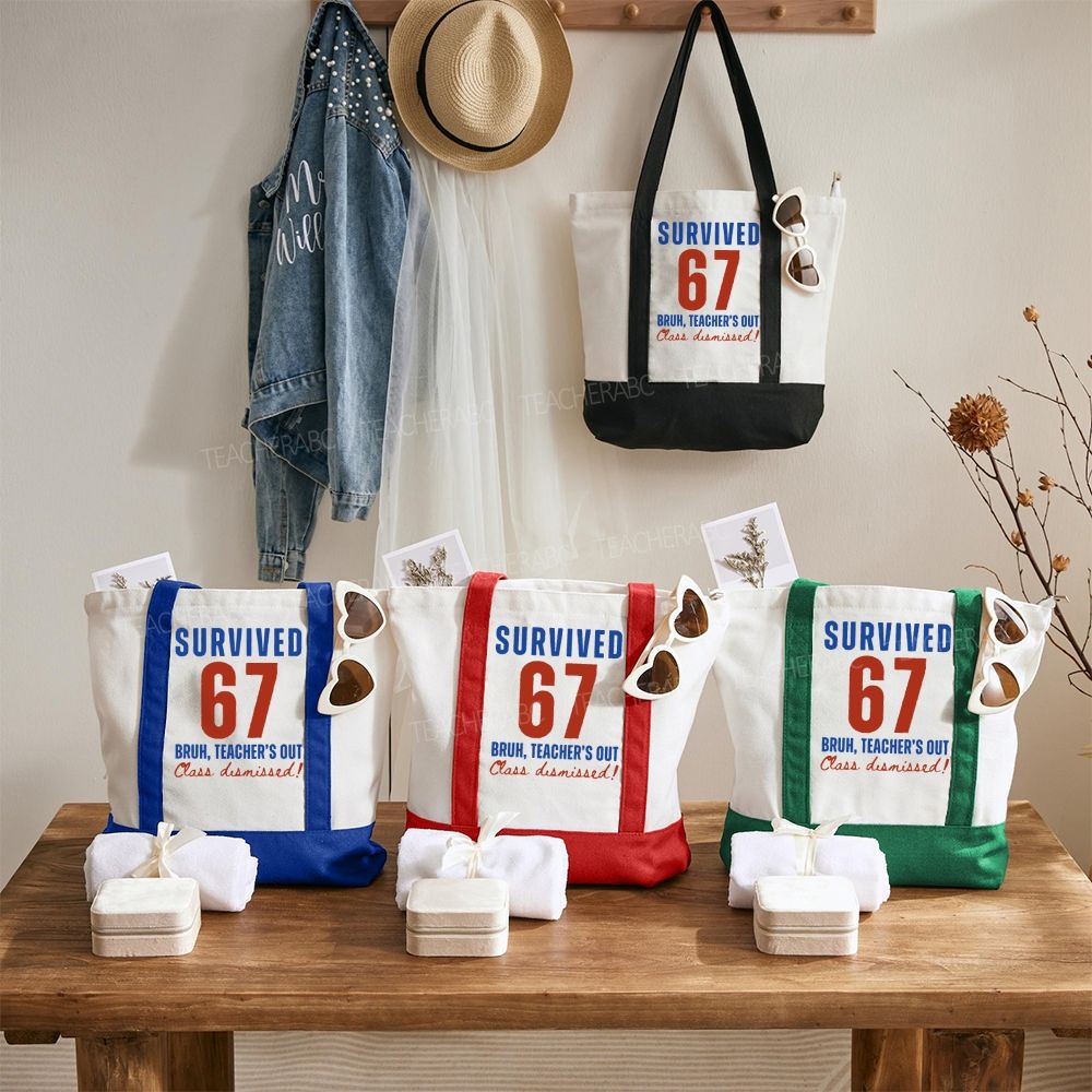 Survived 67 Bruh Teacher's Out Class Dismissed  Color-blocked Canvas Bag