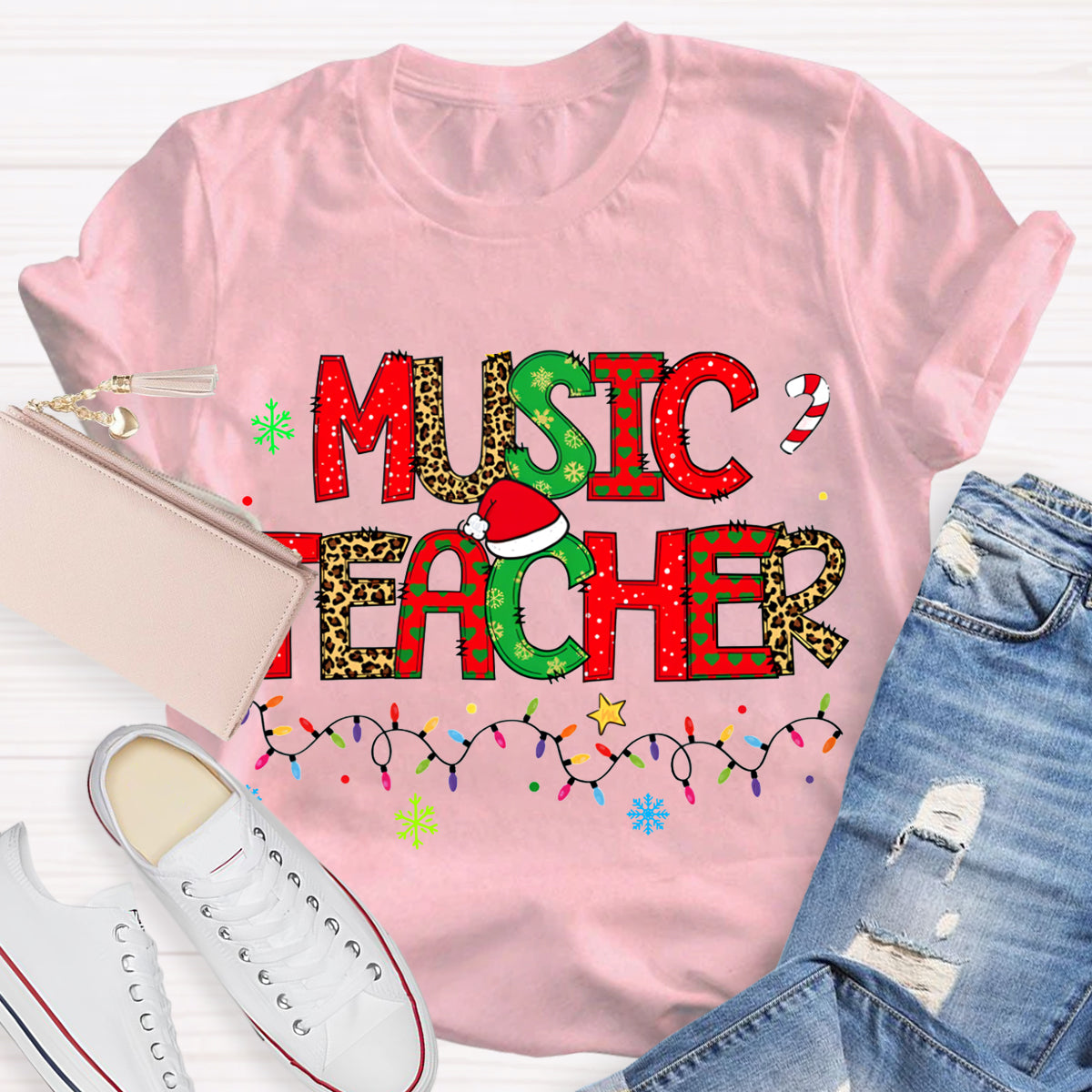 Music Teacher Christmas Lights And Colorful Fonts Christmas T-shirt