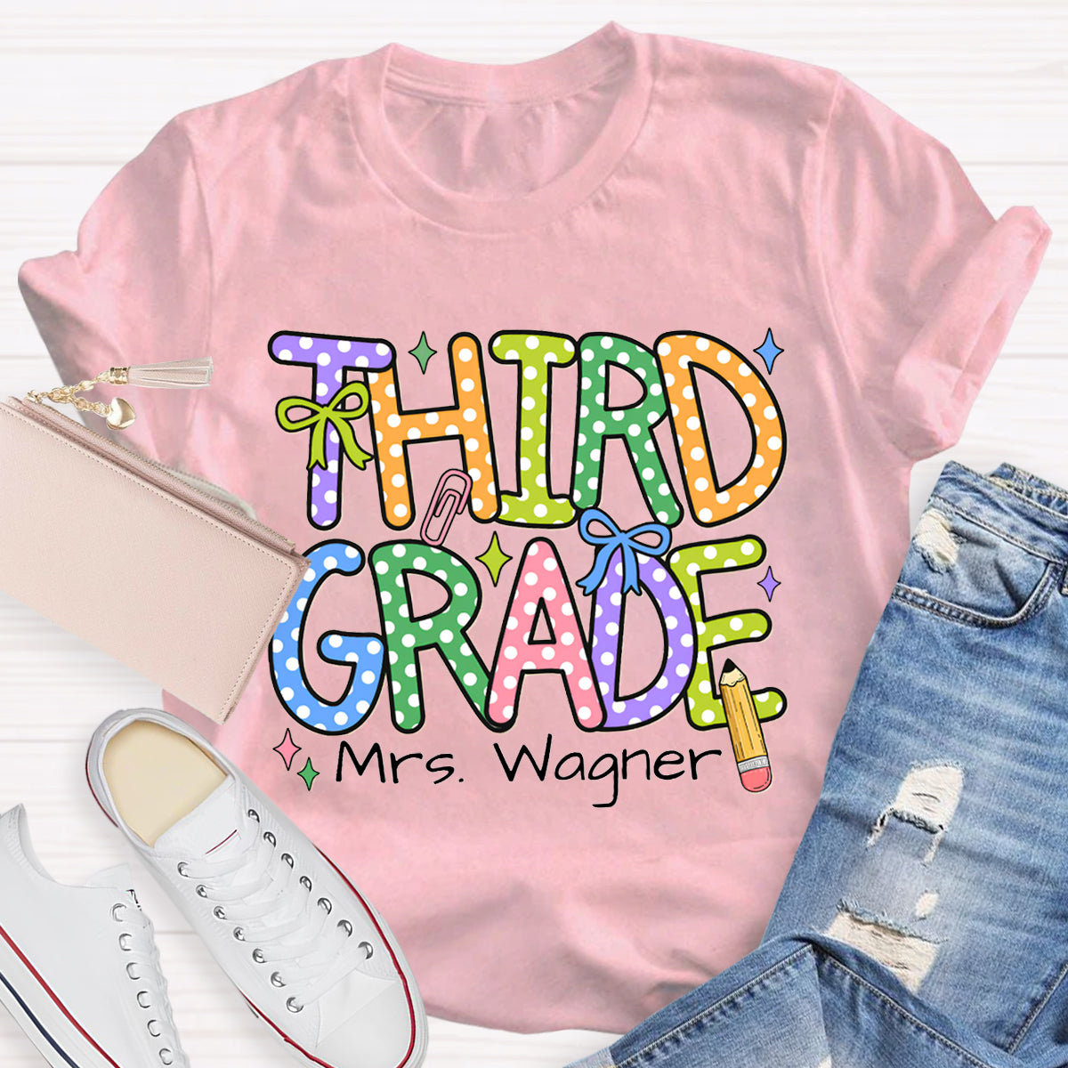 Personalized Name And Grade Colorful Polka Dot Letter Print T-shirt