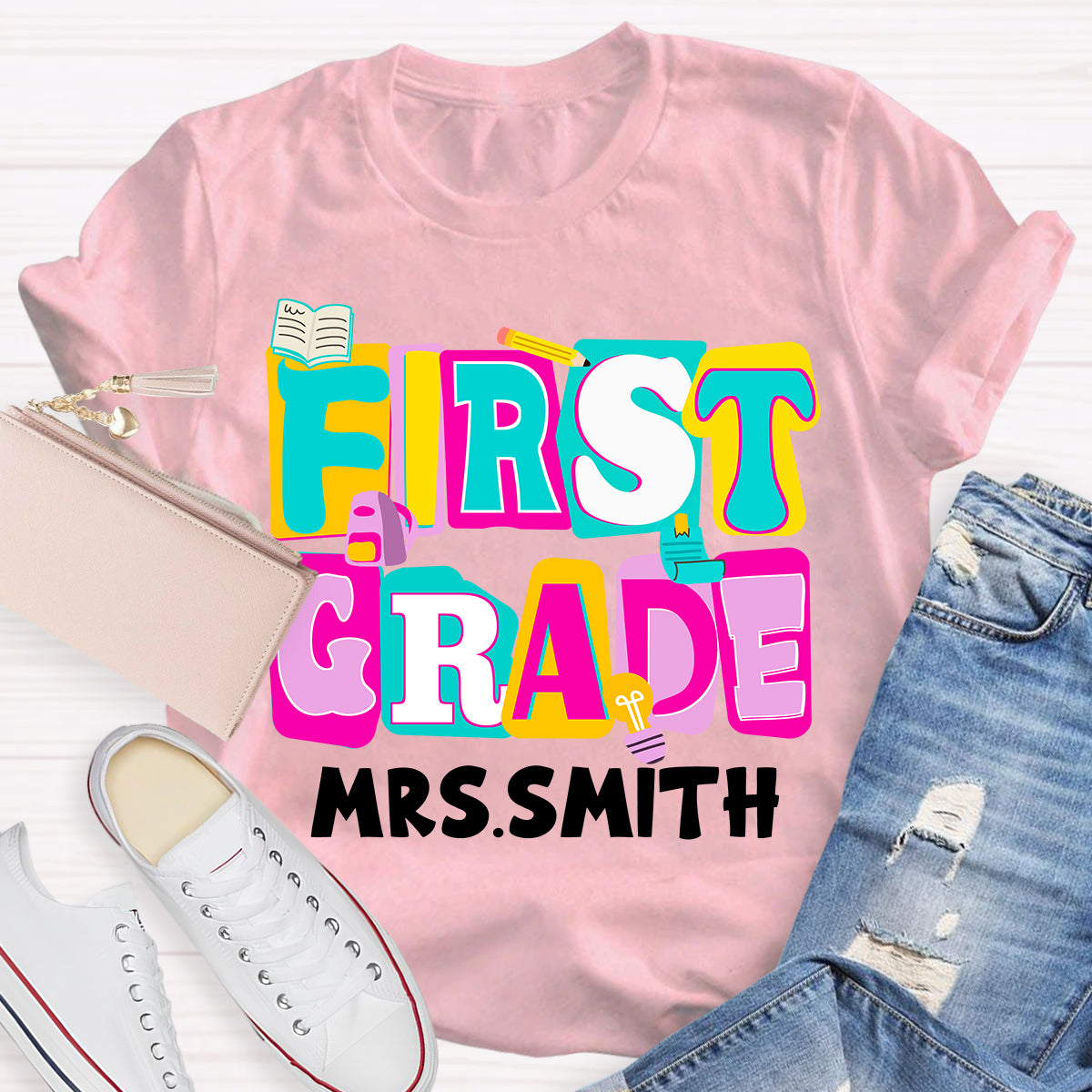 Personalized Grade And Name Colorful Letter Squad Pencil Teacher T-shirt
