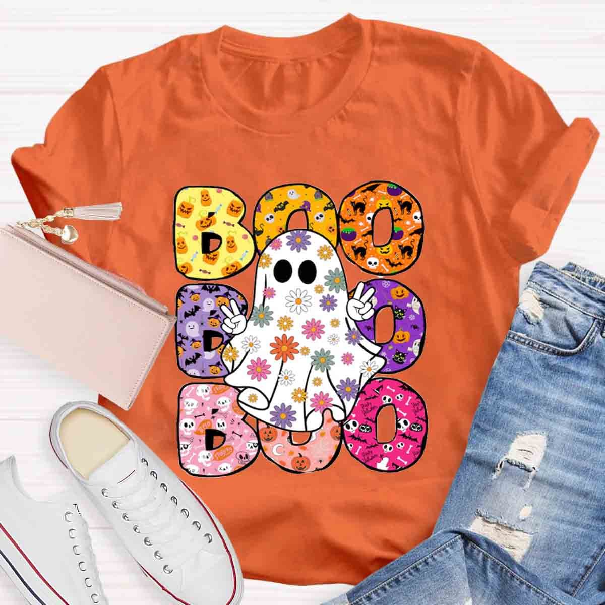 BOO Floral Ghost Print Halloween T-Shirt