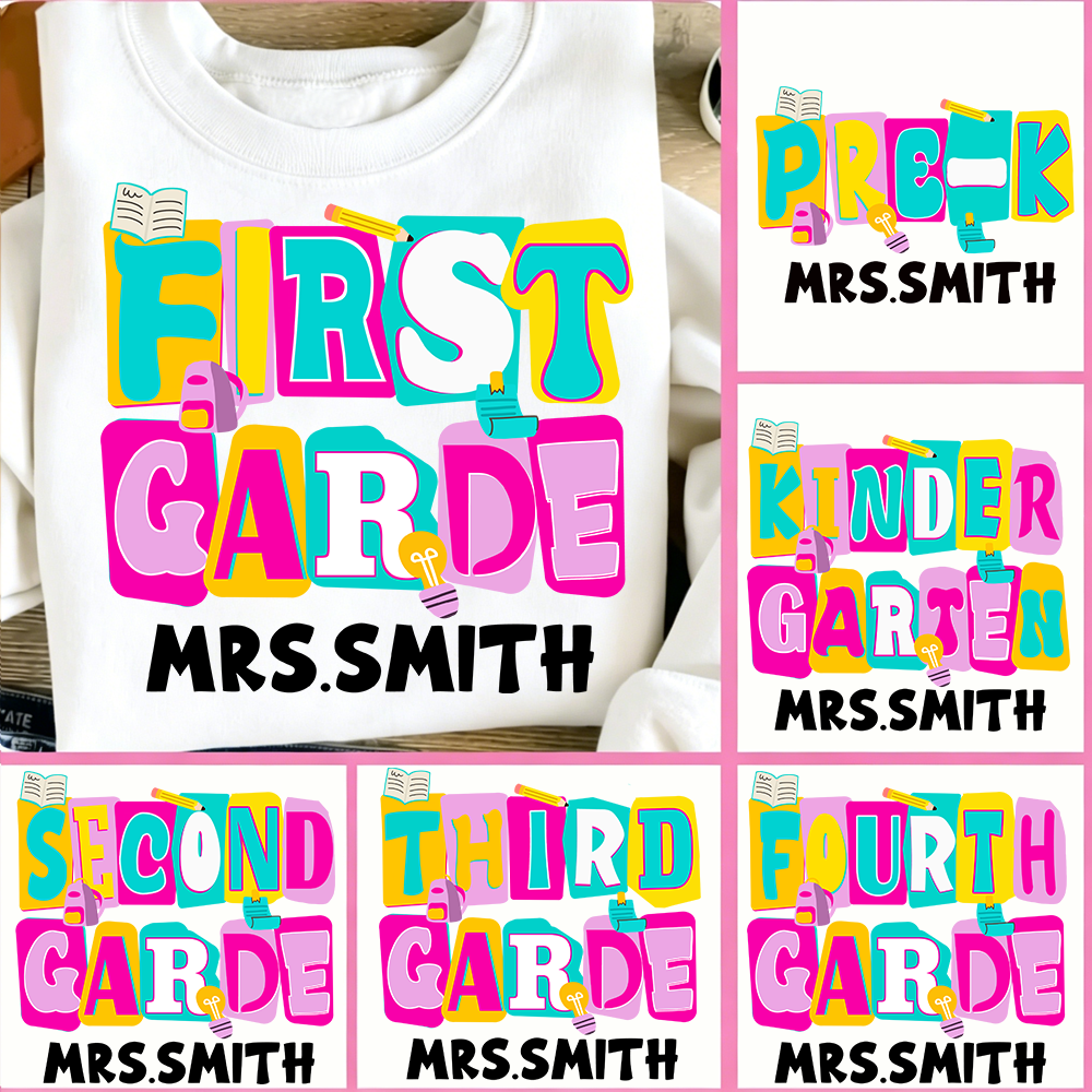 Personalized Grade And Name Colorful Letter Squad Pencil Teacher T-shirt