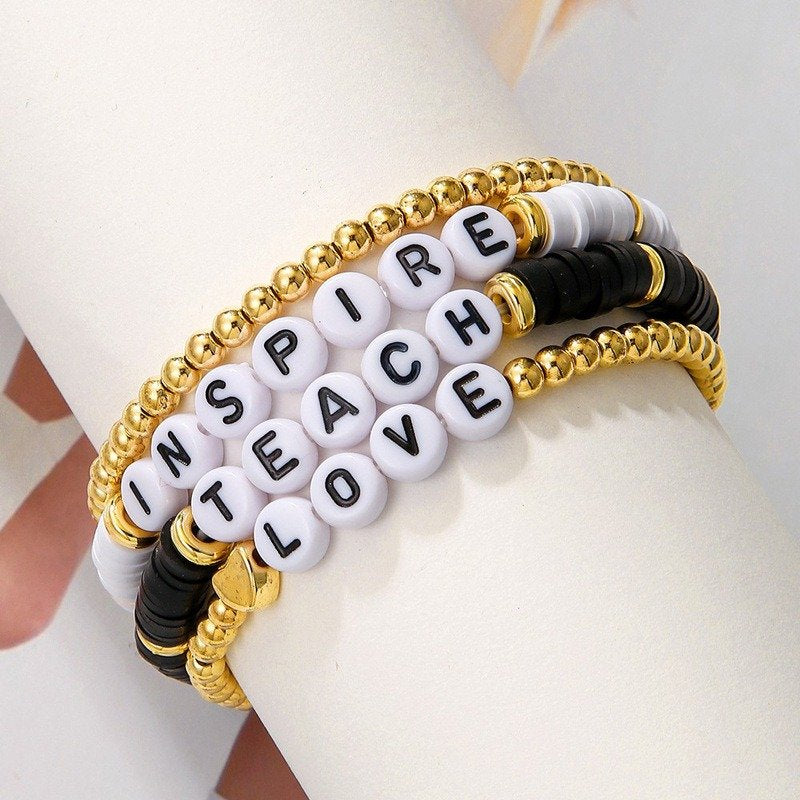 Round Beads English Alphabet Beaded Elastic Bracelet