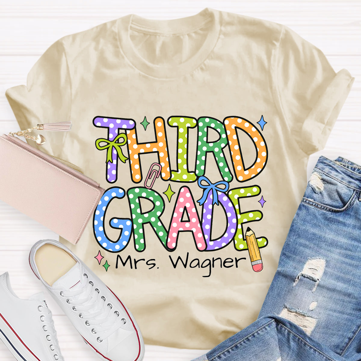 Personalized Name And Grade Colorful Polka Dot Letter Print T-shirt