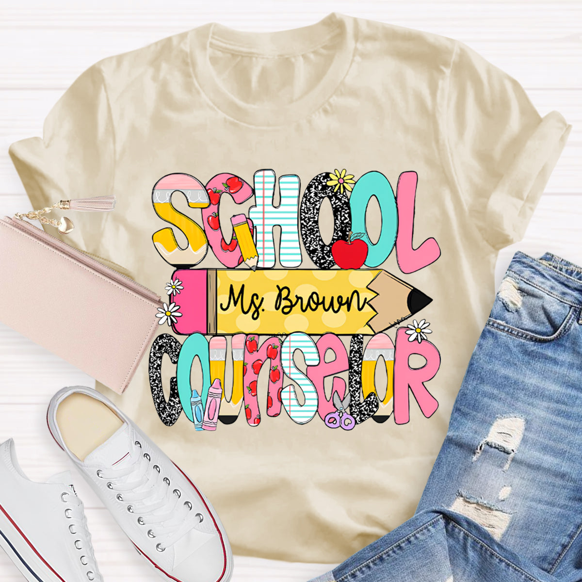 Personalized Name School Counselor Pencils And Colored Fonts T-shirt