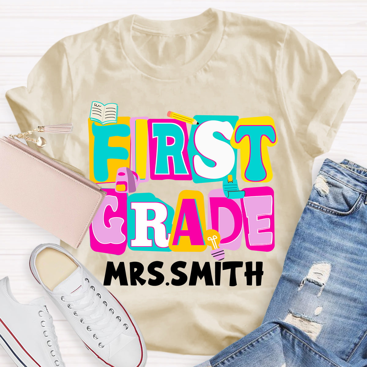 Personalized Grade And Name Colorful Letter Squad Pencil Teacher T-shirt
