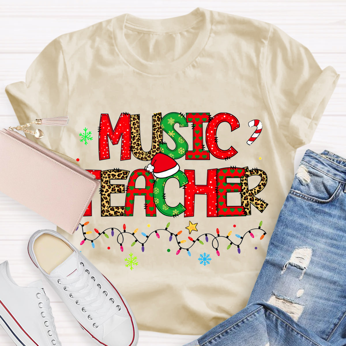 Music Teacher Christmas Lights And Colorful Fonts Christmas T-shirt