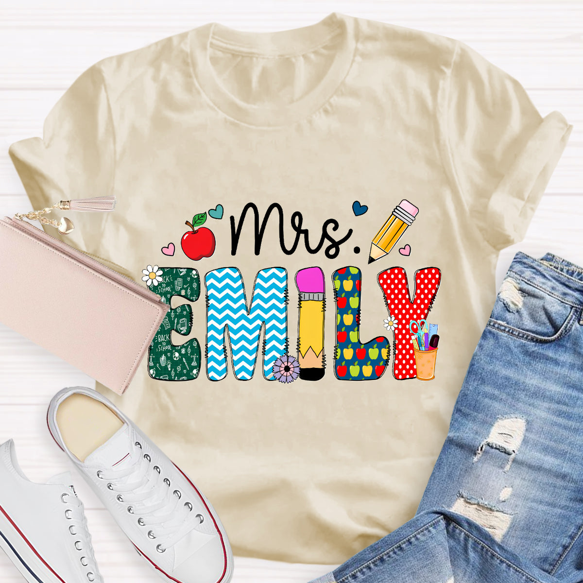 Personalized Name Beautiful Flower Emily Teacher T-Shirt