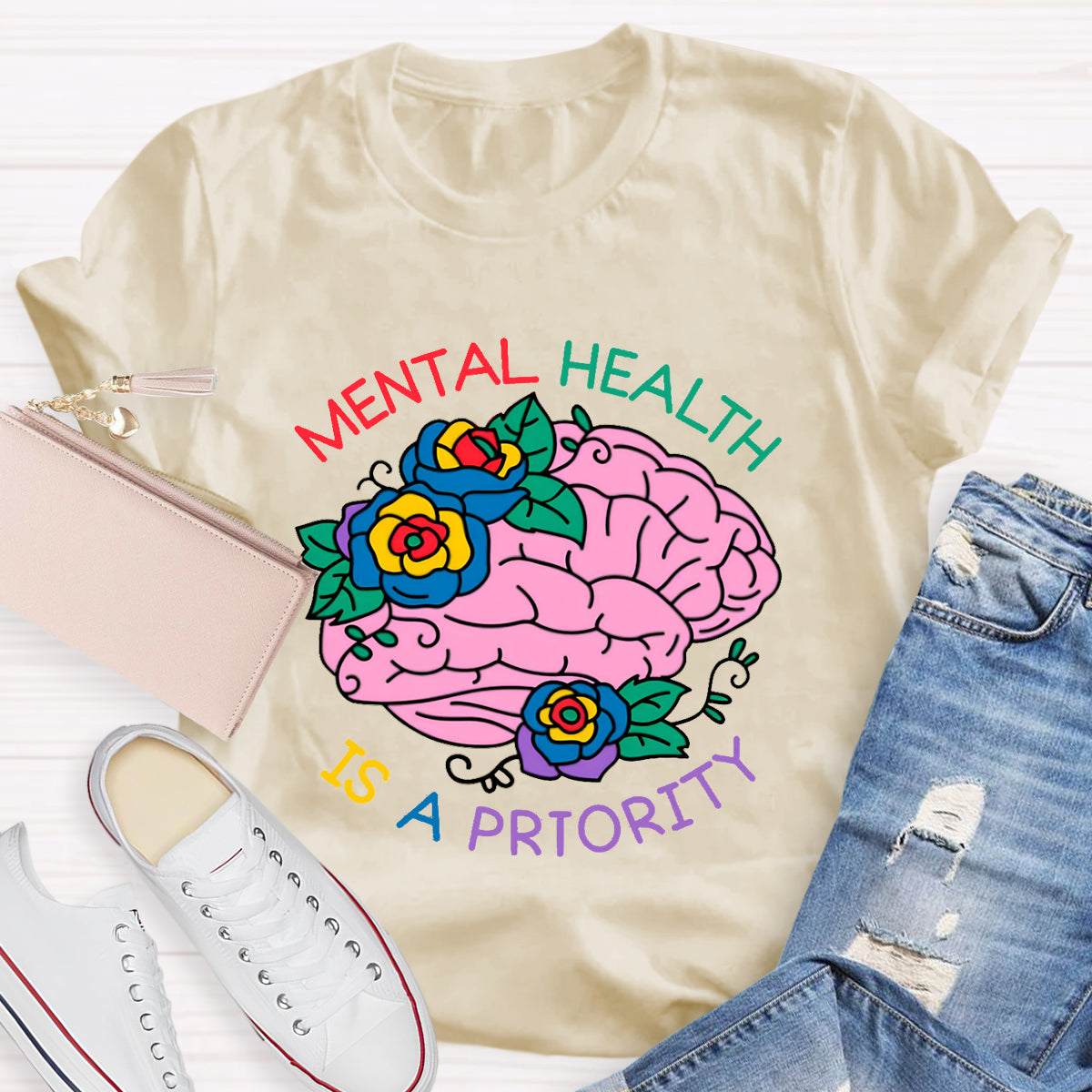 Mental Heath Is A Priority Floral Brain T-Shirt