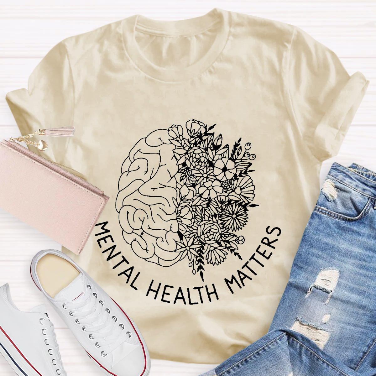 Floral Brain Mental Health Matters Teacher T-Shirt