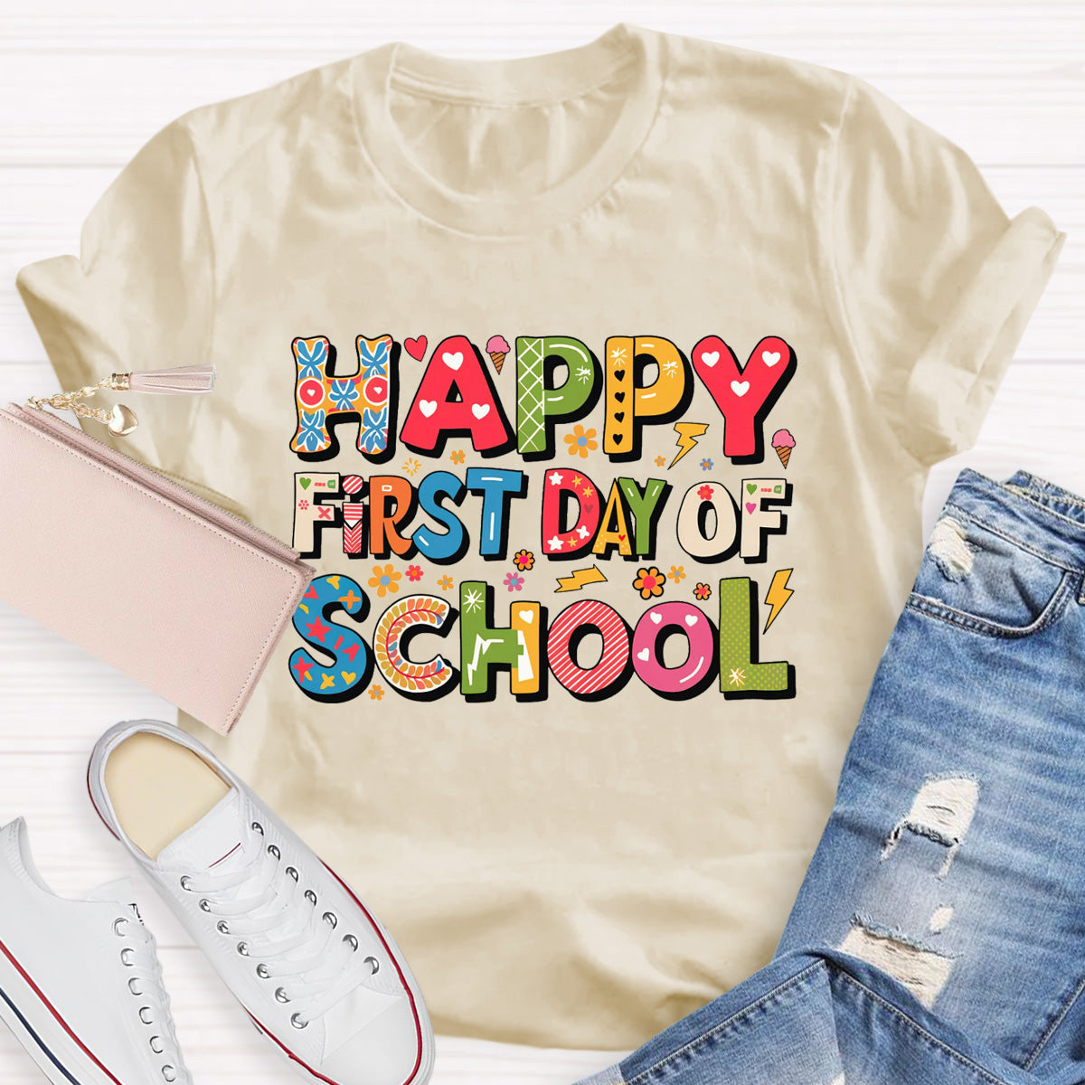 Happy First Day Of School Heart Printed Teacher T-Shirt