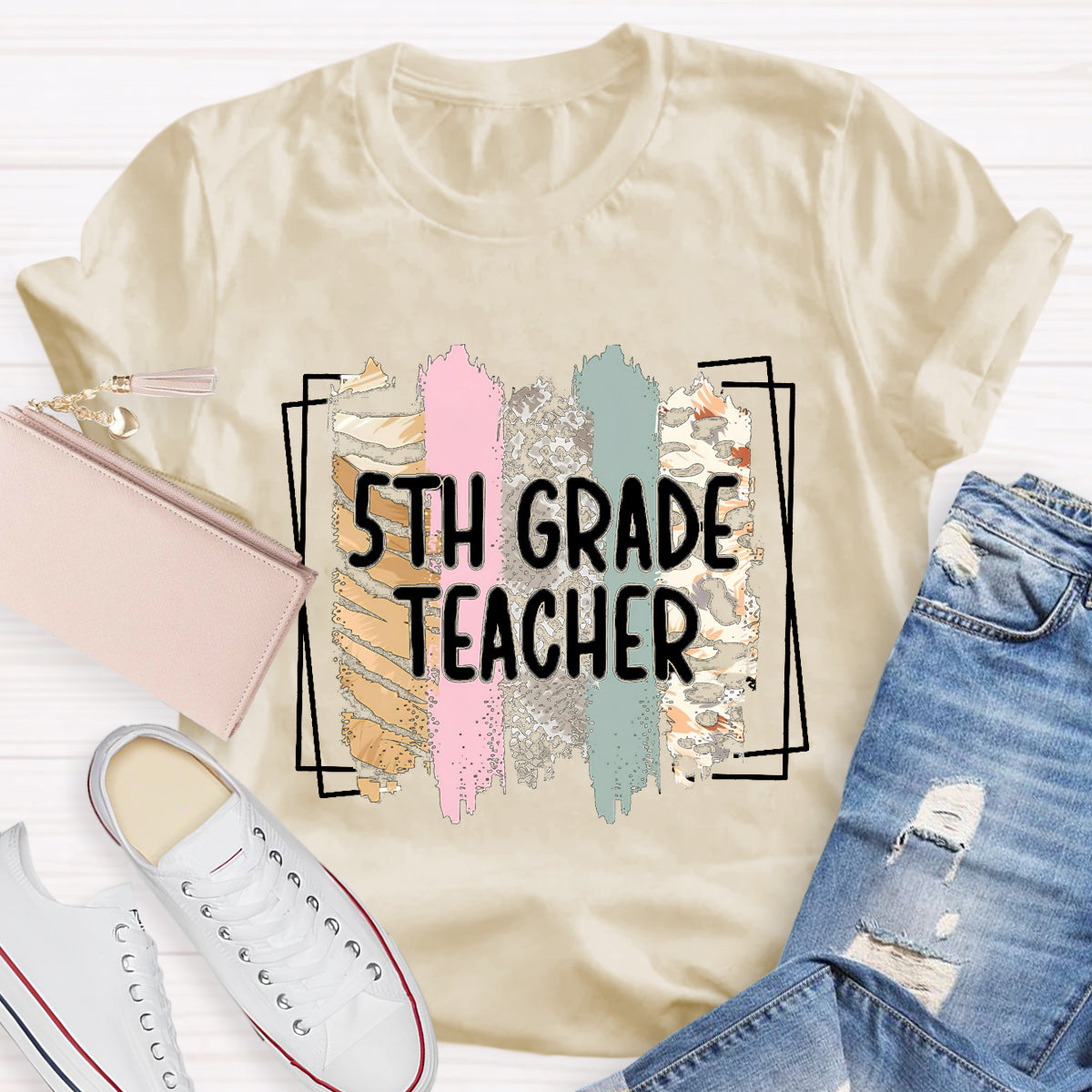 Personalized Grade Color Block 5th Grade Teacher T-Shirt