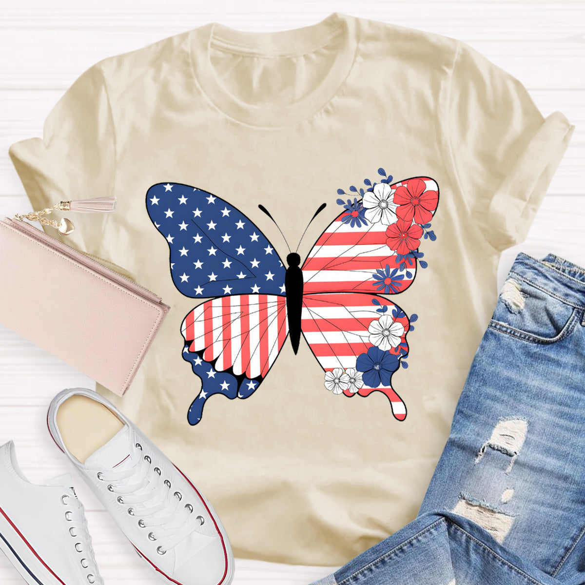 American Flag Butterfly Teacher T-Shirt