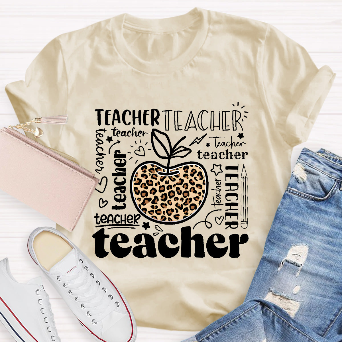 Teacher Various Fonts Various Fonts Leopard Apple T-Shirt