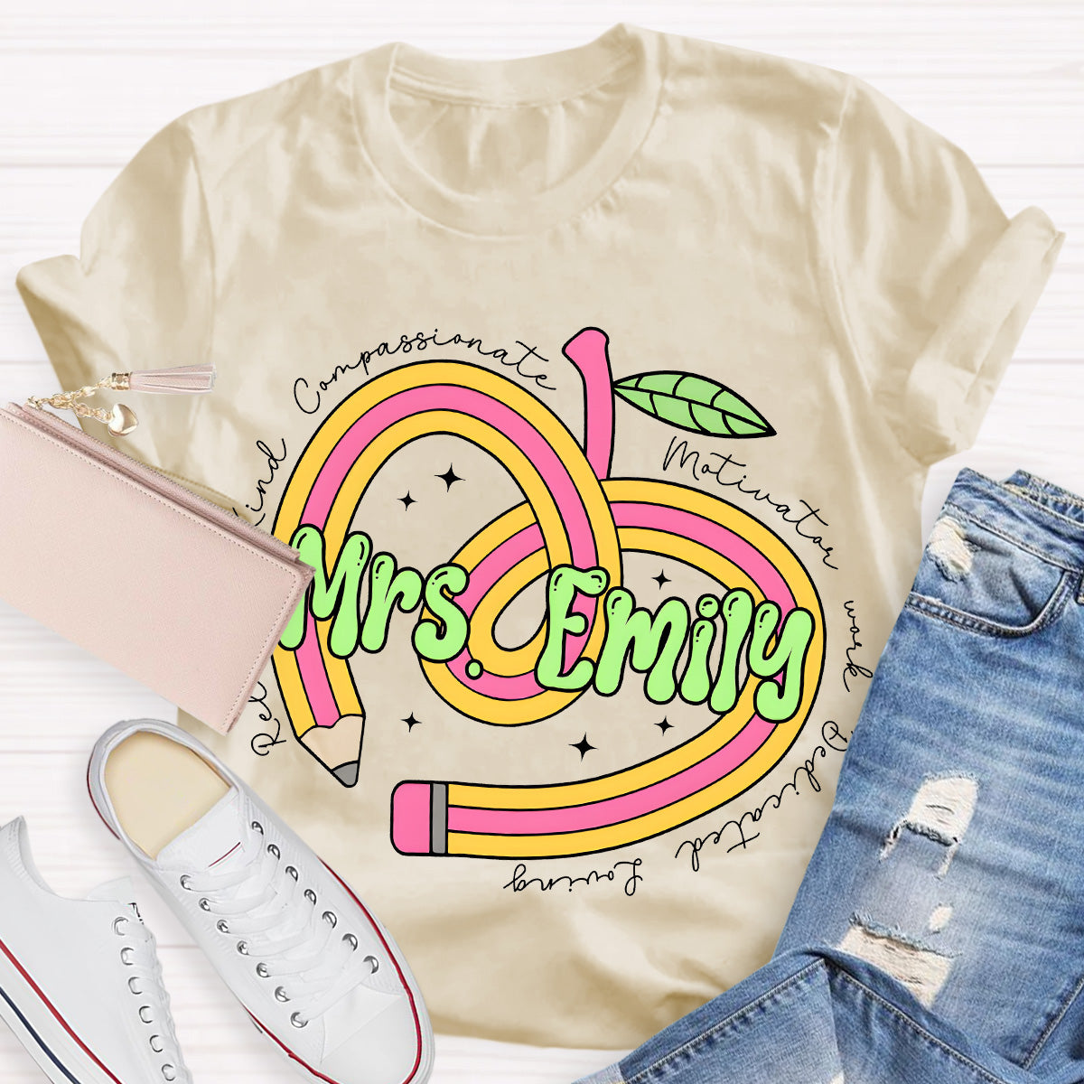 Personalize Name Reliable Kind Compassionate Pink Apple Teacher T-Shirt