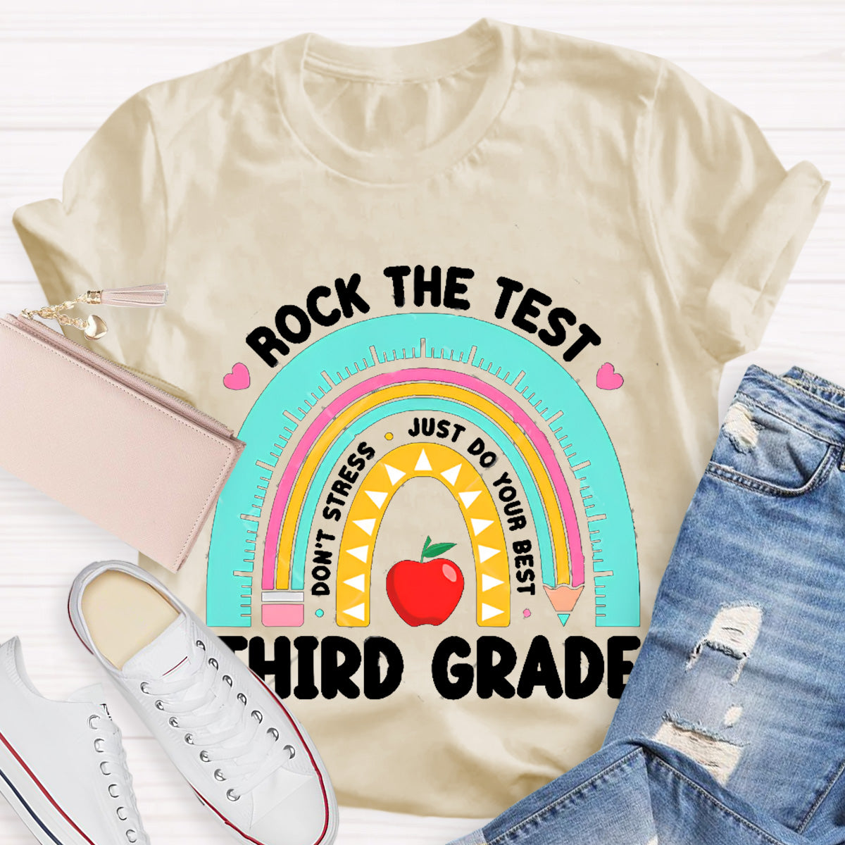 Personalize Grade Rock The Test Apple Teacher T-Shirt