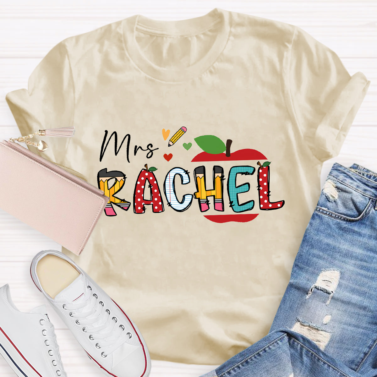 Personalized Teacher Name Apple Pencil Printed T-Shirt