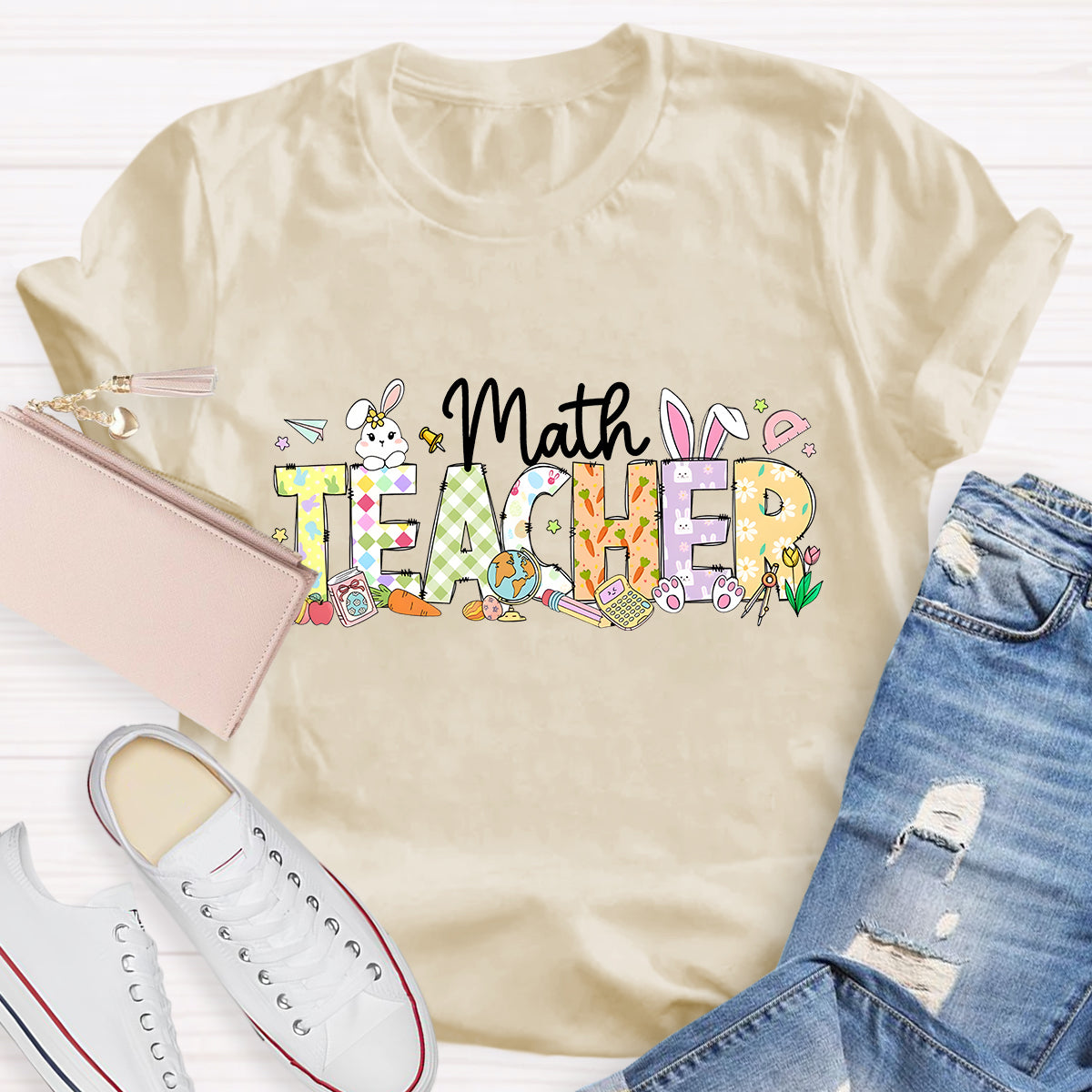 Happy Easter Math Teacher Pink Rabbits Teacher T-Shirt