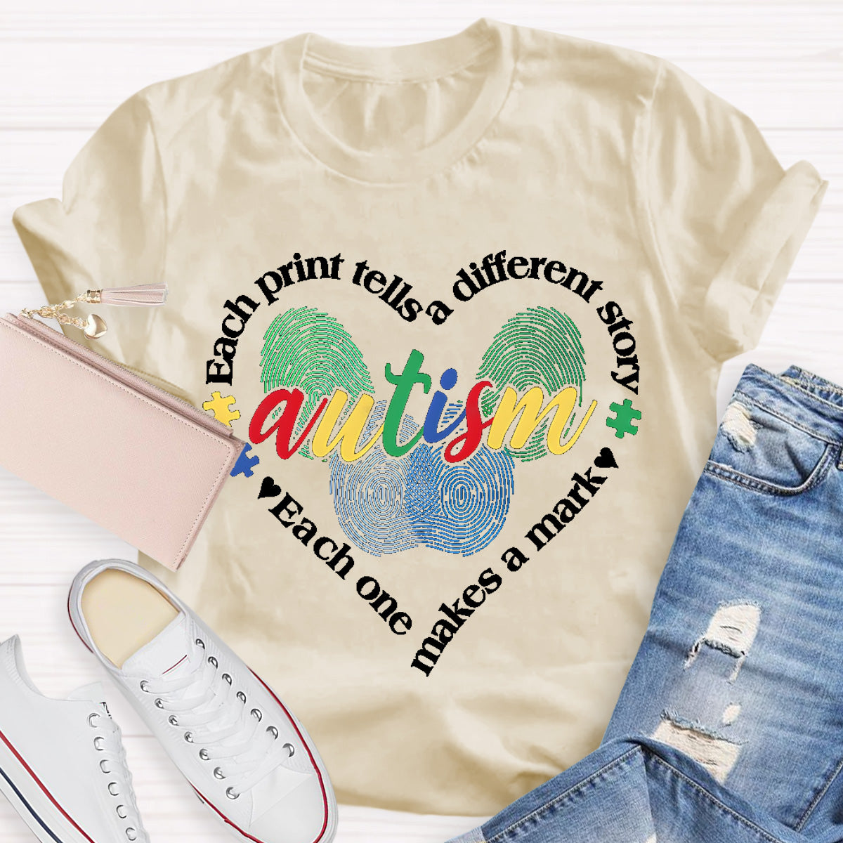 Each Print Tells A Different Story Autism Heart Teacher T-Shirt