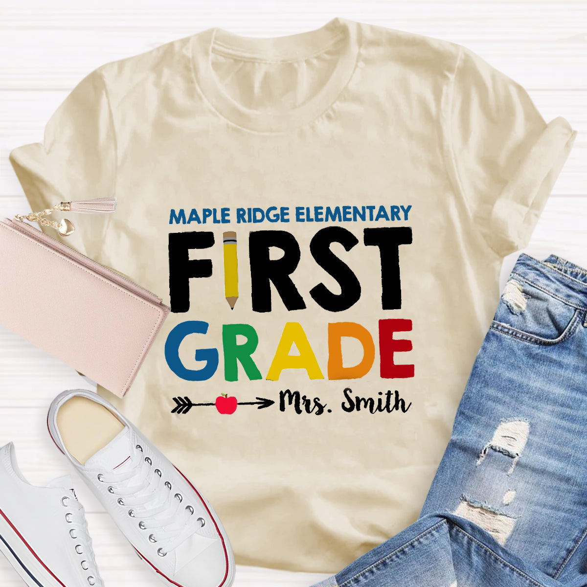 Personalized School Name Grade And Teacher Name Pencil Apple Heart T-Shirt
