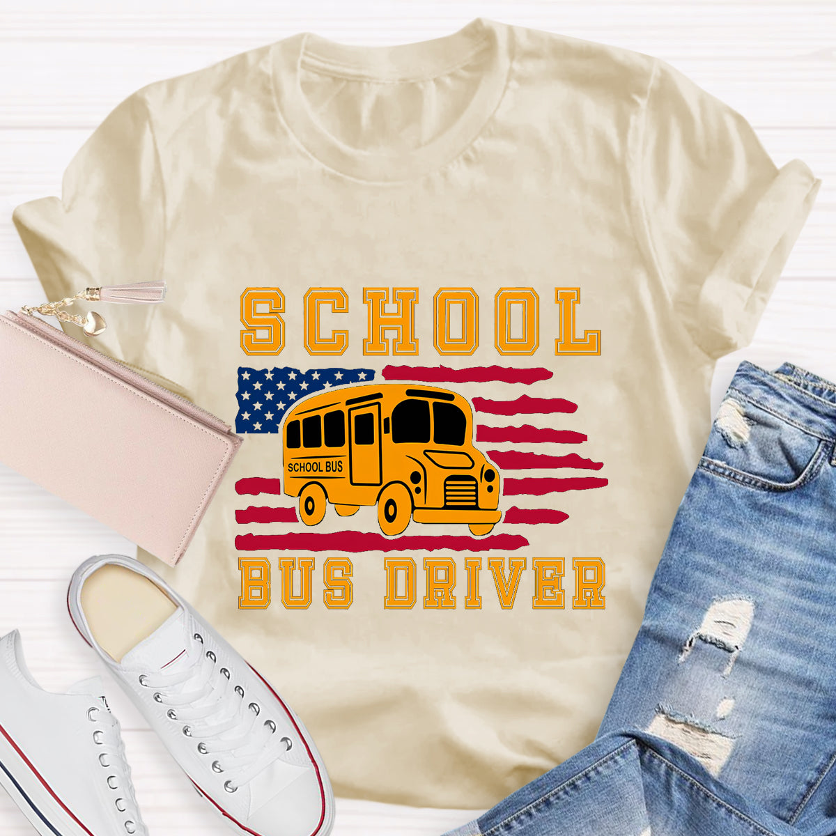 School Bus Driver US Flag T-Shirt