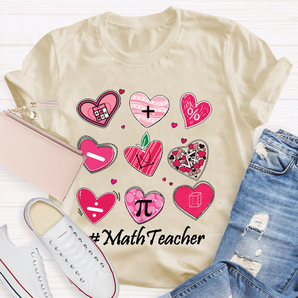 Pink Heart Math Symbols Teacher T-Shirt