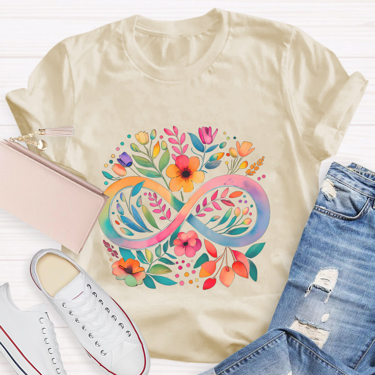 Rainbow Infinity Watercolor Flowers Teacher T-Shirt