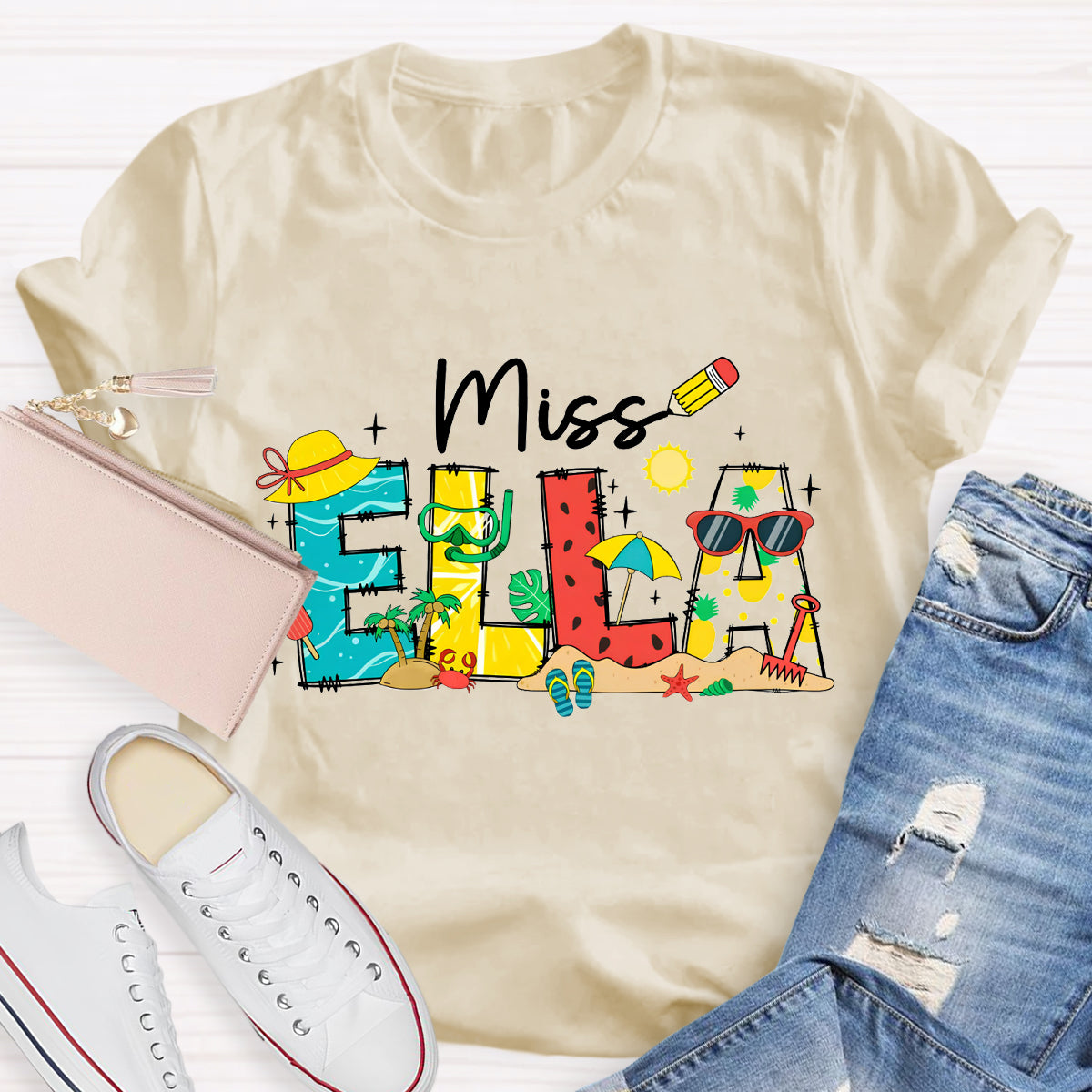 Personalized Name Summer Break Beach Teacher T-Shirt
