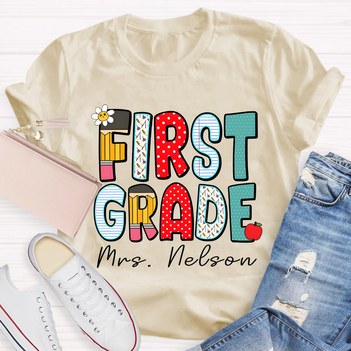Personalized Grade And Name Back To School Dot Printed Teacher T-Shirt