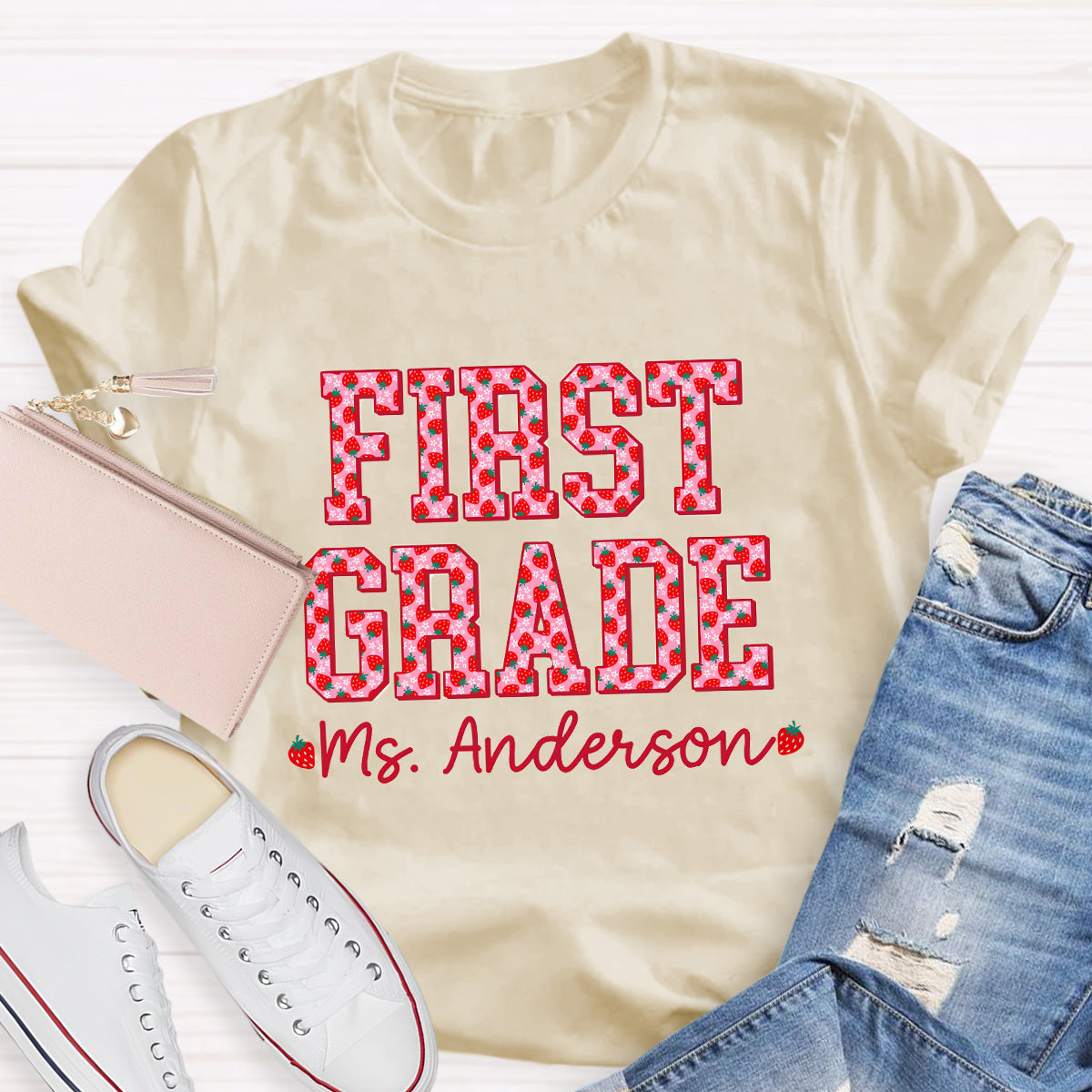 Personalized Grade And Name Strawberry Printed Teacher T-Shirt
