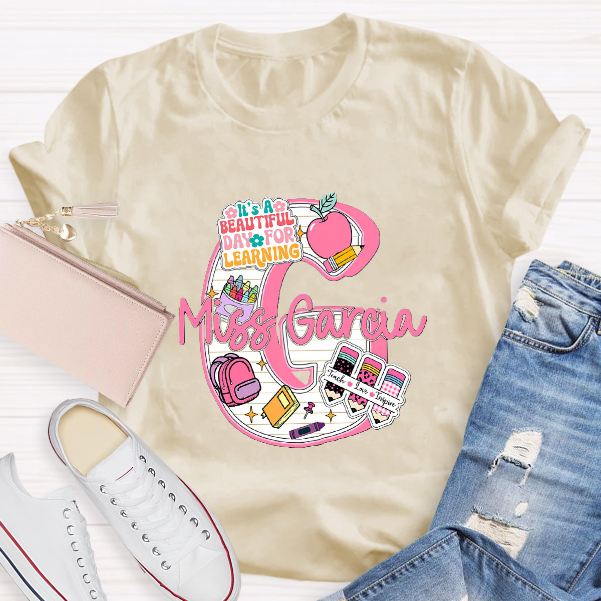 Personalized Name It's A Beautiful Day For Learning Teacher T-Shirt