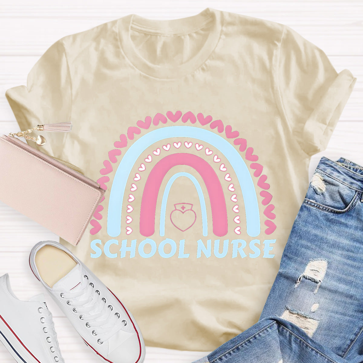 School Nurse Rainbow Pink Heart T-Shirt