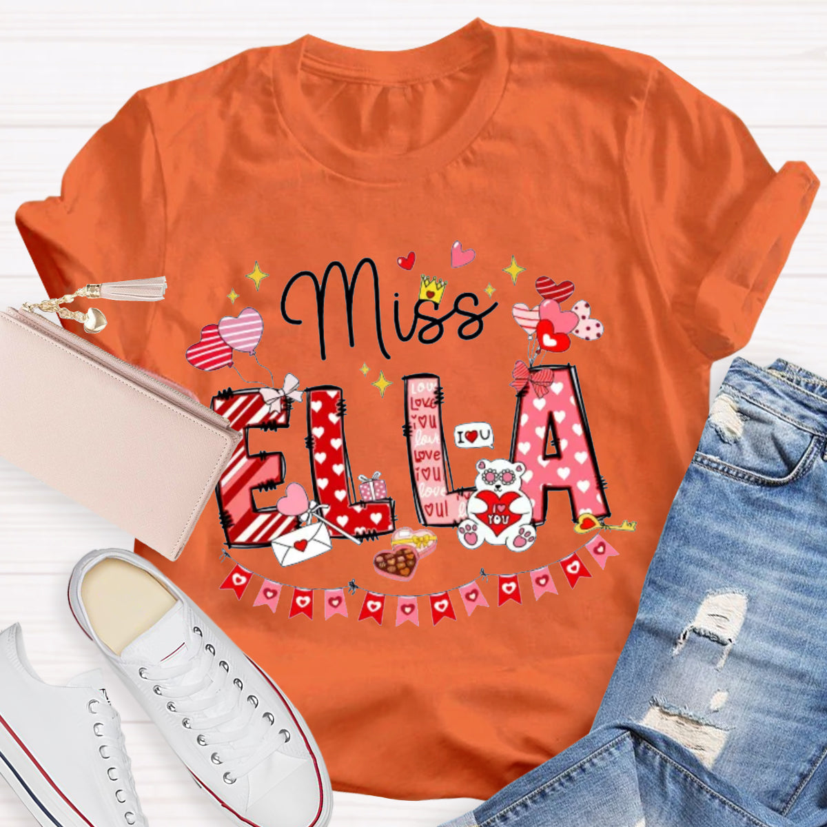 Personalized Name Valentine's Day Miss Ella Teacher T-Shirt