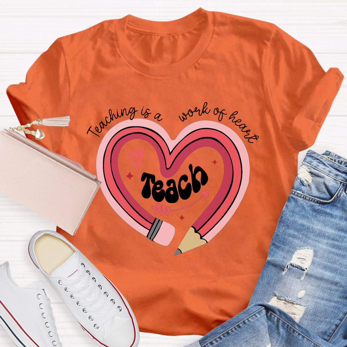 Teaching Is A Work Of Heart Pencil Teacher T-Shirt