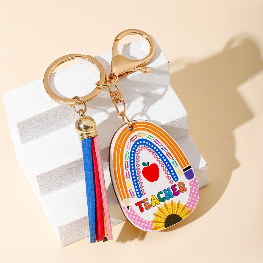 Pencil Heart Rainbow Wooden Tassel Keychain