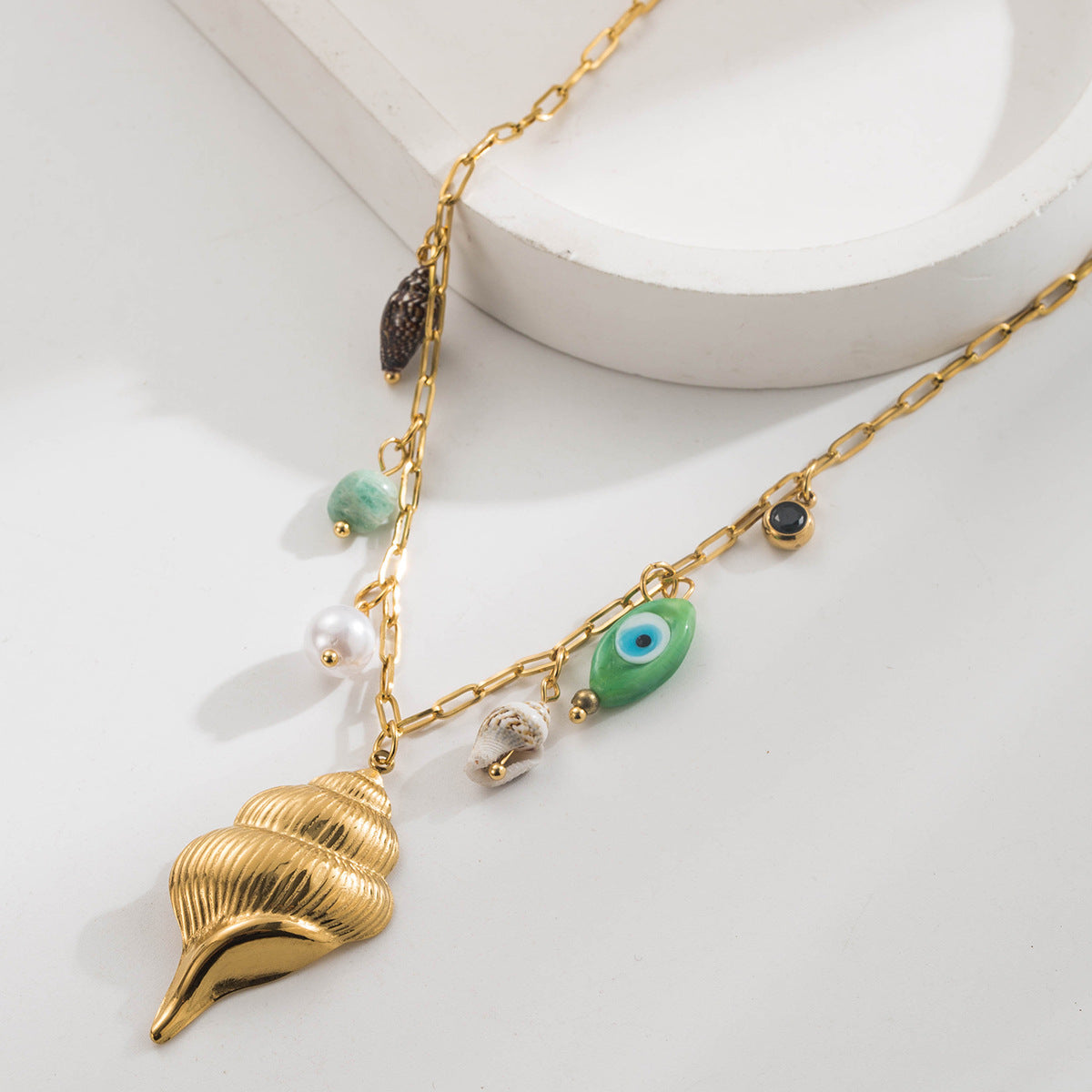 Western-Style Fashion Necklace Featuring Ocean Elements Moon  Little Fish Conch  Evil Eye  And Pearl Pendants