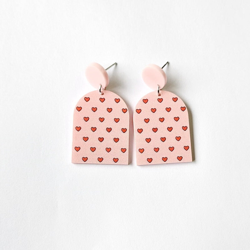 Houndstooth Black And White Striped Pink Heart Earrings