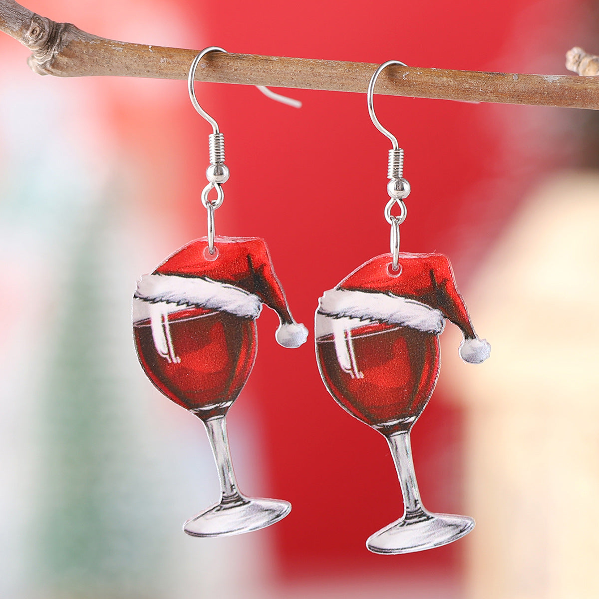 Red Wine Glass Santa Hat Pendant Earrings