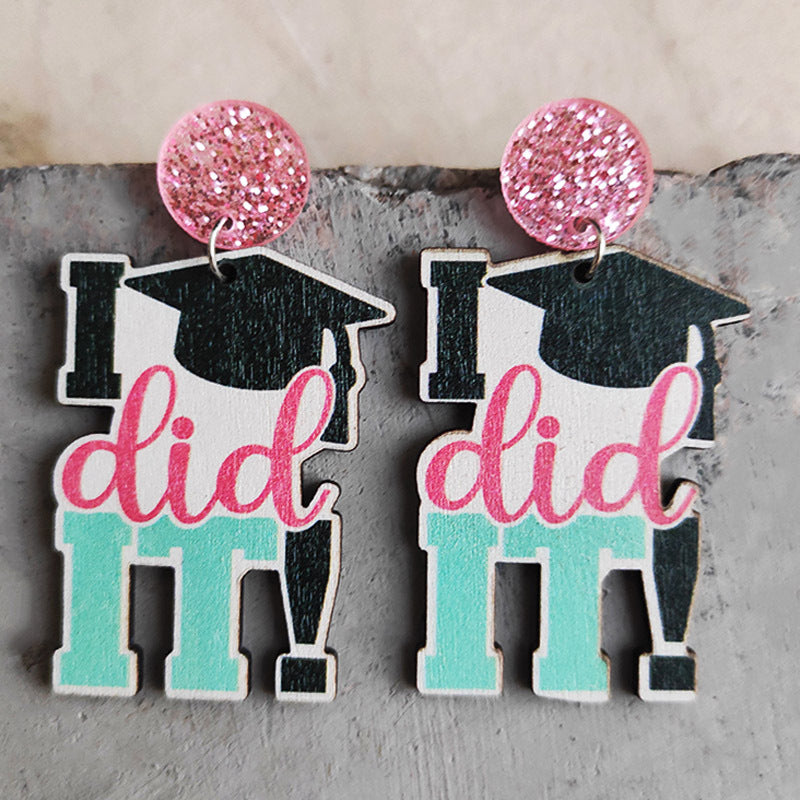 Cute Book Graduation Hat Wooden Earrings