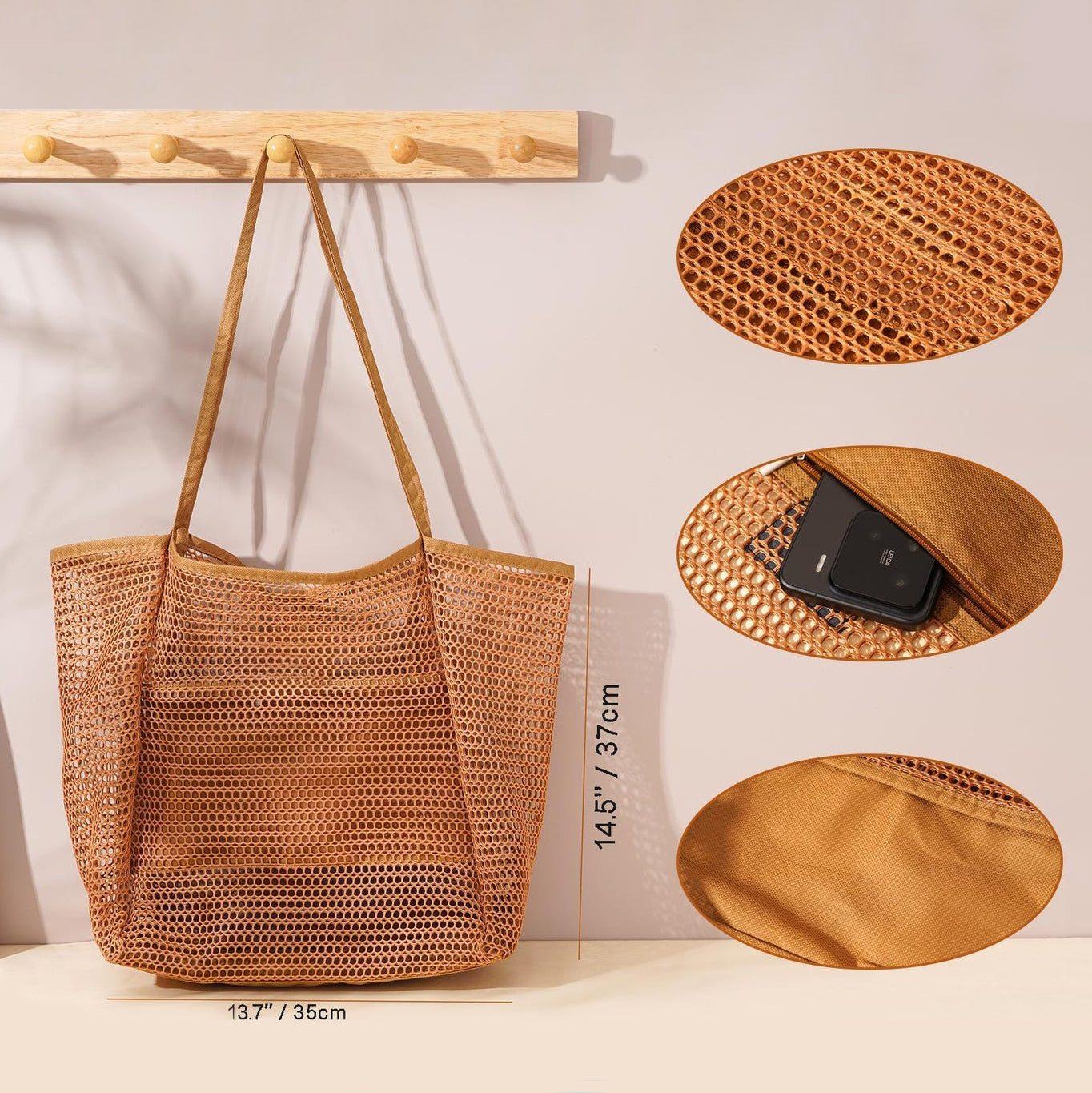 Foldable Beach Bag With Mesh Fabric And Carrying Handles.