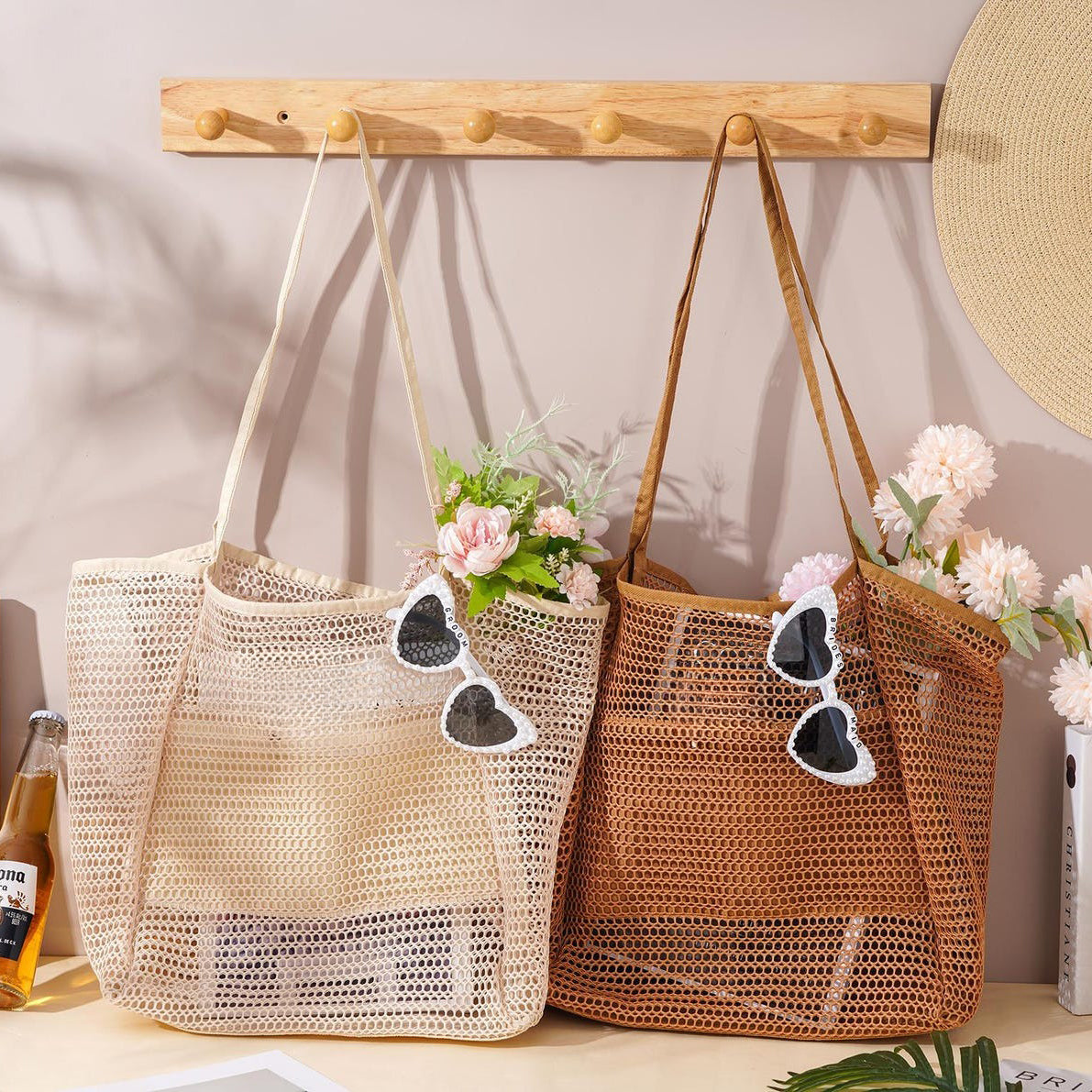 Foldable Beach Bag With Mesh Fabric And Carrying Handles.