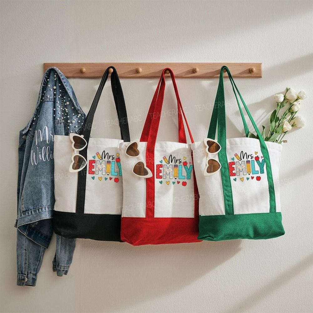 Personalized Name Apple Heart Teachers Daily Color-blocked Canvas Bag
