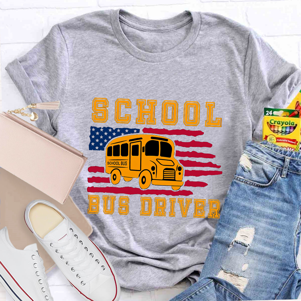 School Bus Driver US Flag T-Shirt
