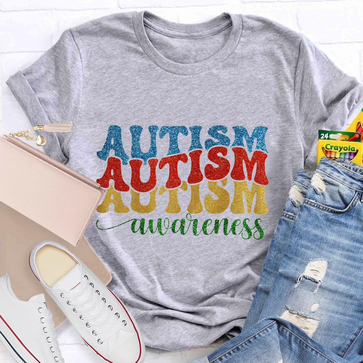 Rainbow Colors Glitter Autism Awareness T-Shirt
